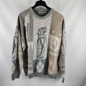 Shenandoah Sweater Mens XXL Gray Tan Multi Golf Bag Graphic Patchwork USA
